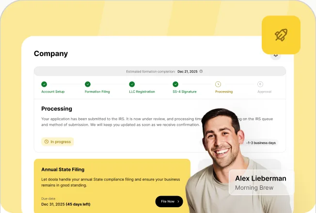 Home doola formation dashboard tracking an LLC filing